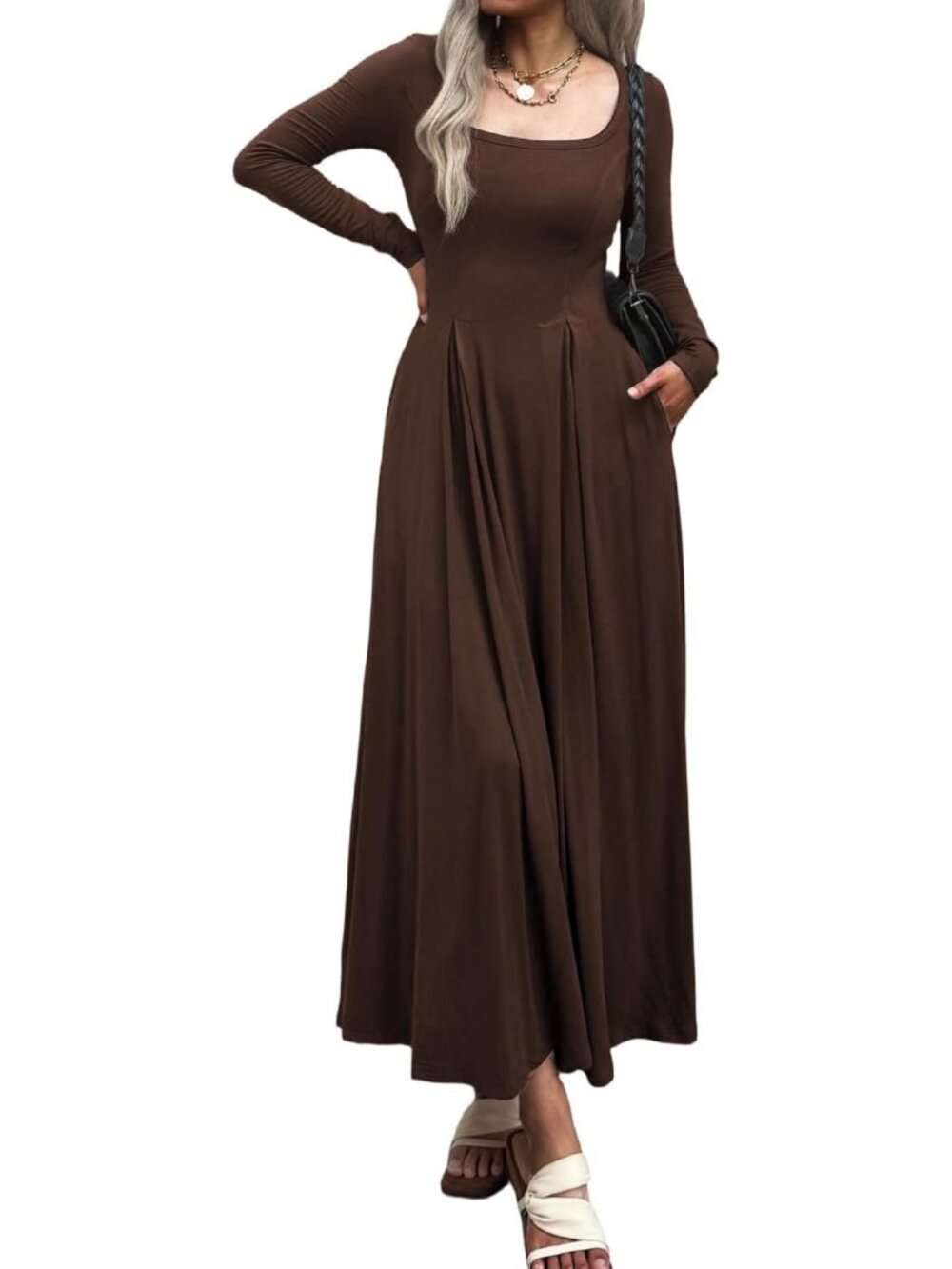 Chic Long Sleeve Square Neck Maxi Dress with Pleats & Pockets for Fall Fashion